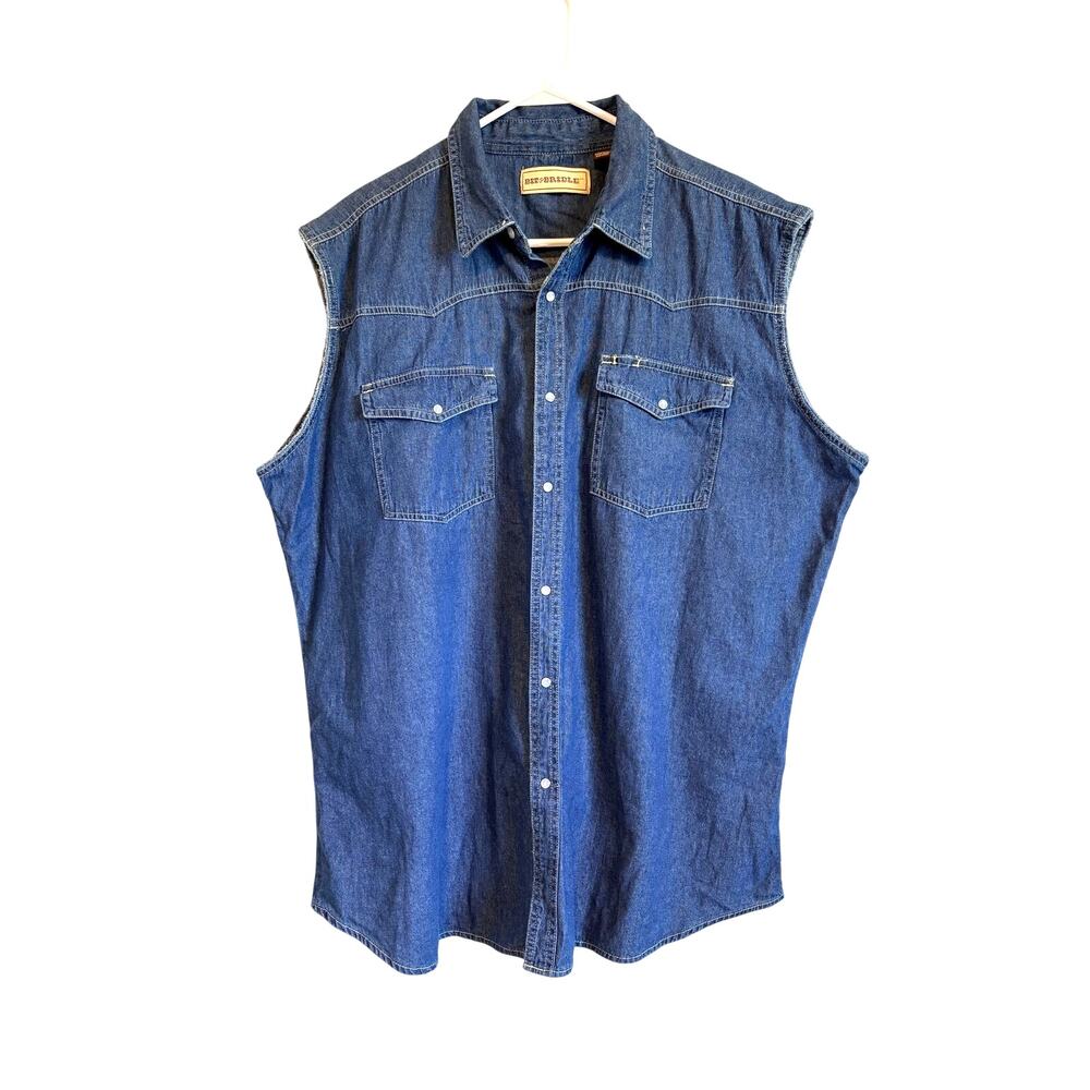 Bit & Bridle Sleeveless Denim Shirt Vest Pearl Snaps Pockets Men's 2X Western